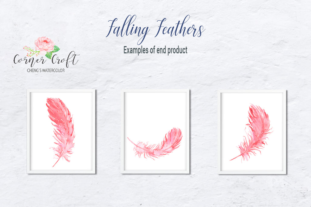 watercolor clipart, feather print, salmon pink feathers, instant download.