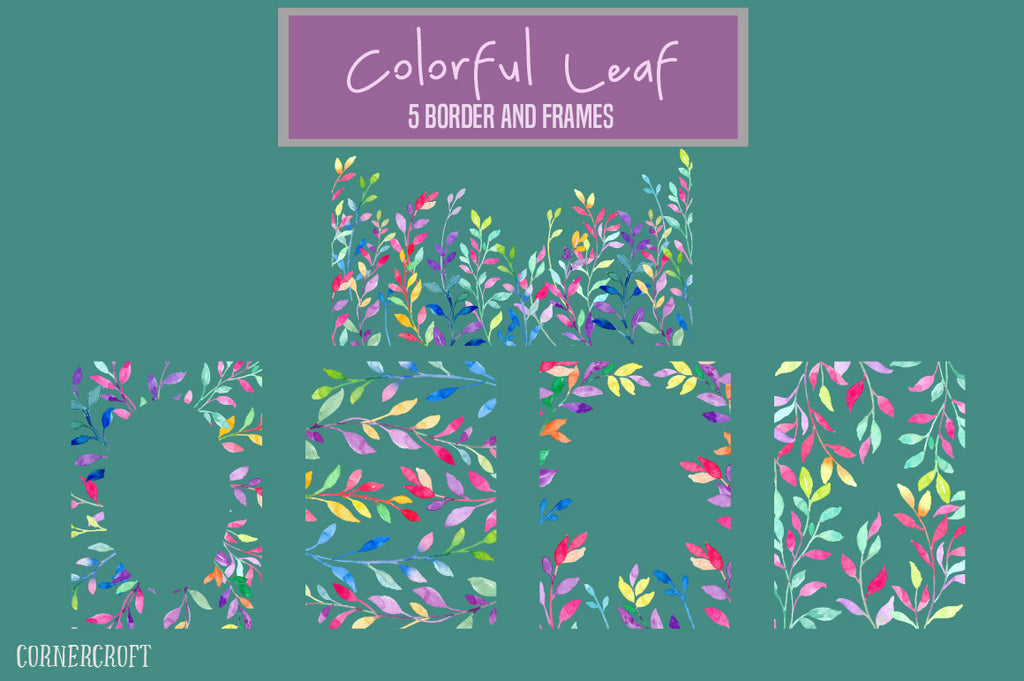 watercolor colourful leaf design kit, watercolor leaf frame, corner croft design.