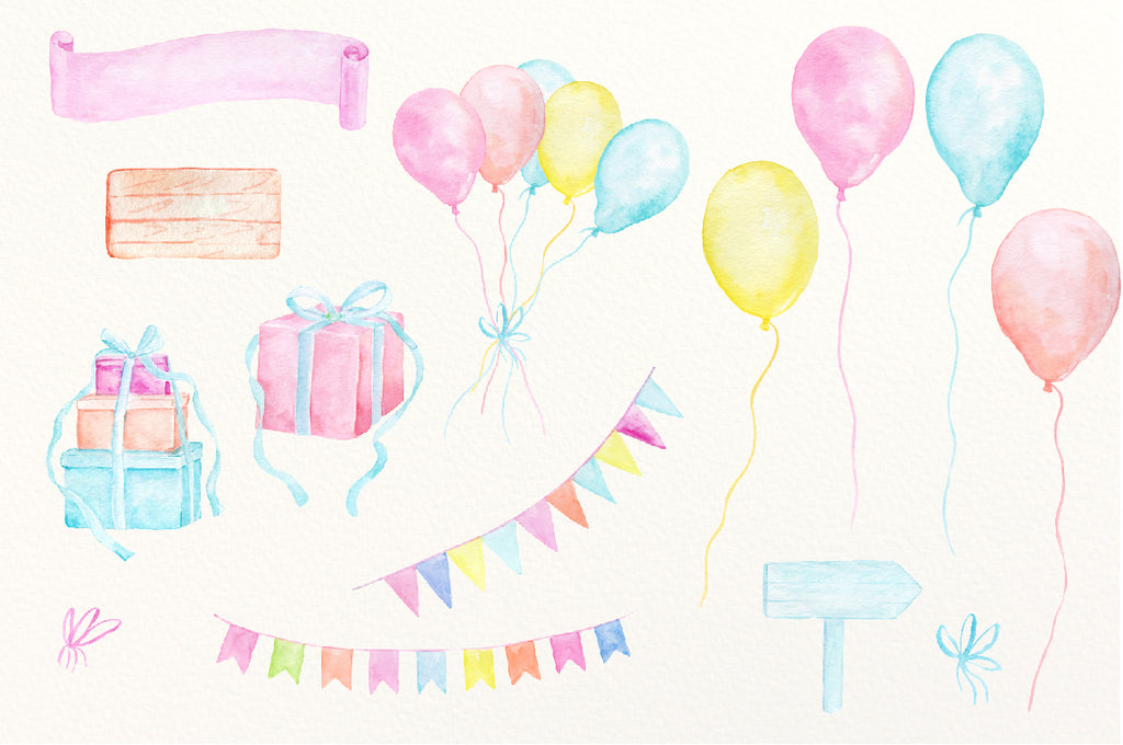 watercolor pink and blue bunting, balloon, wedding celebration 