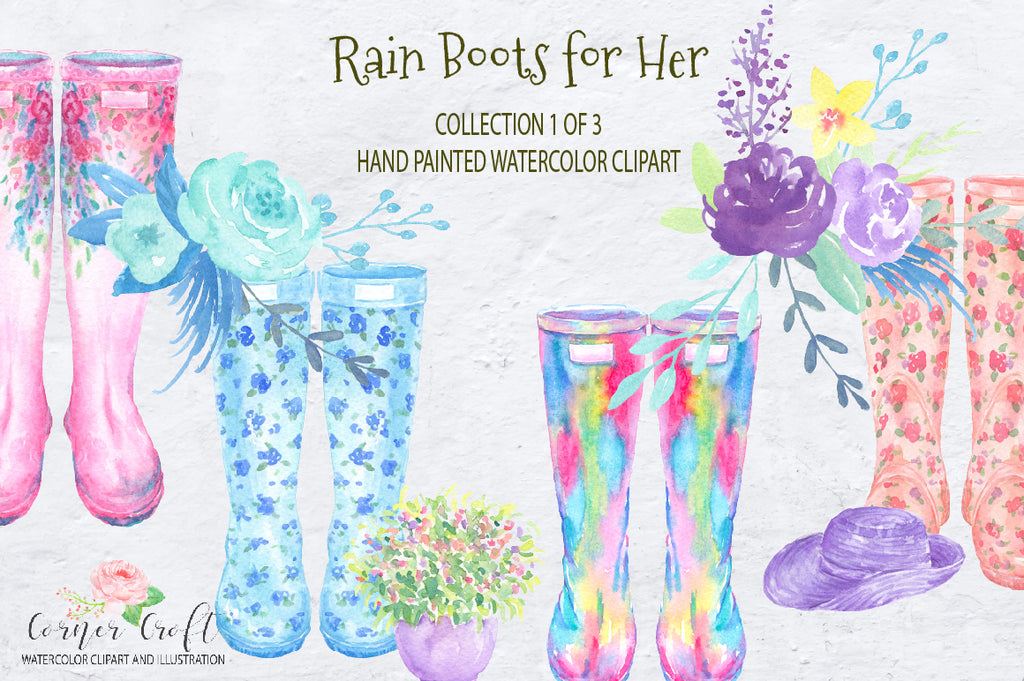 floral rain boots, floral wellies, instant download, watercolor clipart, watercolour rain boots, watercolor wellies. 