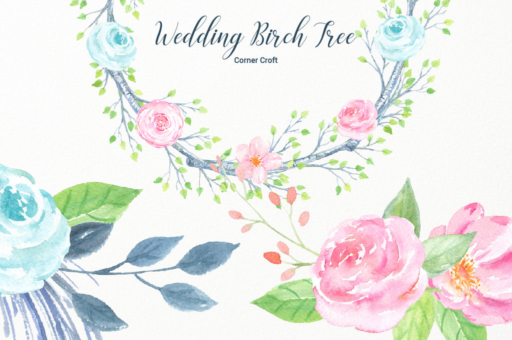 watercolor clipart, pink flower, wreath, silver birch, corner croft clipart