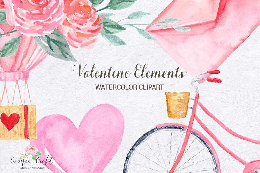 watercolour valentine illustration, pink bike, heart balloon, valentine, engagement, wedding clipart 