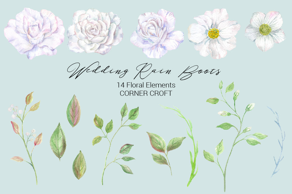watercolor wedding flowers, white flowers, clipart, instant download, wedding rain boots