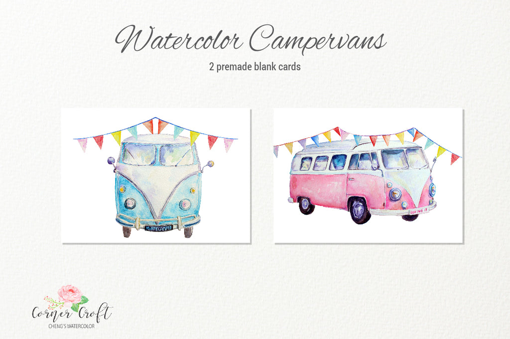 Campervan greeting cards, card template, watercolor clipart
