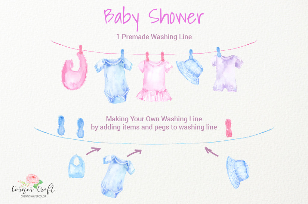 watercolor baby cloth washing line, baby shower clipart, watercolor illustration 