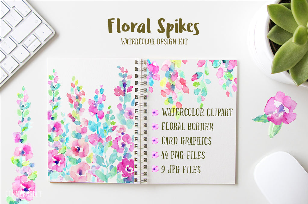 watercolor abstract flower spikes, pink, peach and purple, ready made card graphics and floral border for instant download