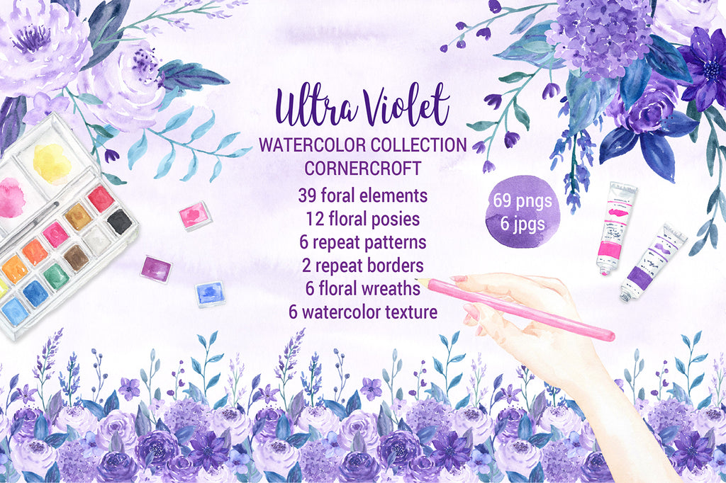 watercolour collection ultra violet, peony, rose, hydrangea, pattern, wreath, watercolor illustration ultraviolet