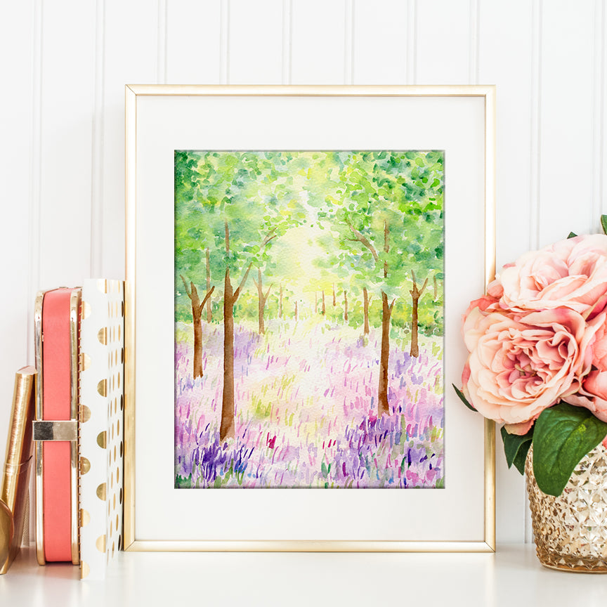 watercolor painting of bluebell woodland, watercolor painting spring, digital download 
