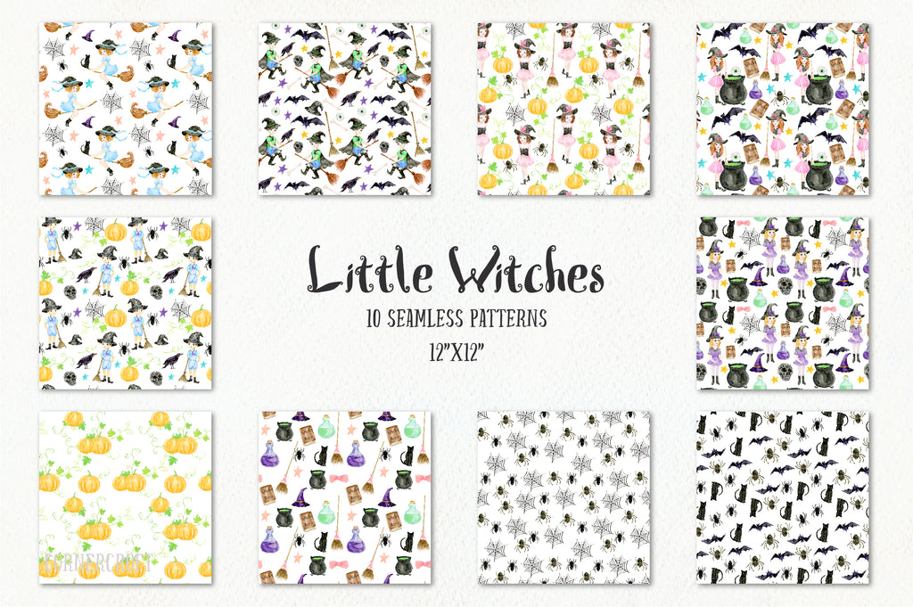 watercolor digital paper, little witch watercolor pattern, seamless pattern, digital pattern
