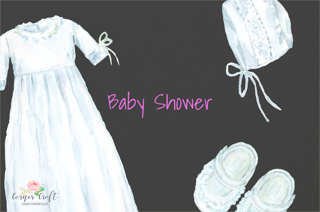 watercolor clipart baby shower, white Christening gown, white Christening bonnet, white shoes, 