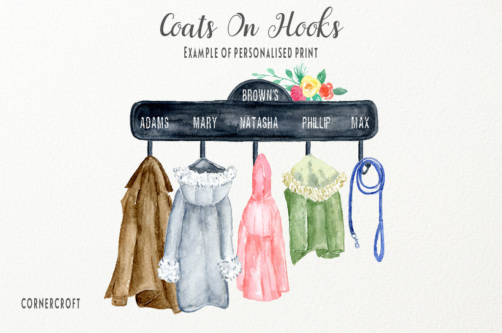 watercolour coat on hook, watercolor coat clipart, watercolor rain coat, pink coat, blue coat, 