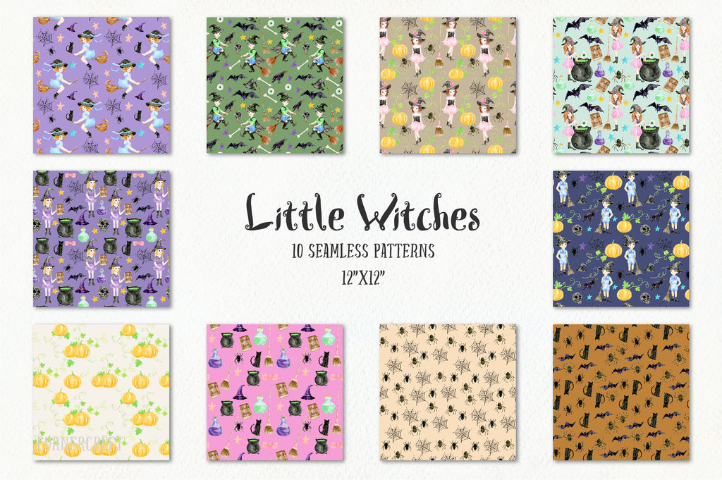 watercolor digital paper little witches, nursery pattern, halloween pattern, seamless pattern 