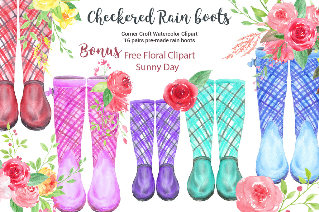 Watercolor Clipart checkered rain boots, garden boots collection, check rubber boots, tartan wellies, instant download 