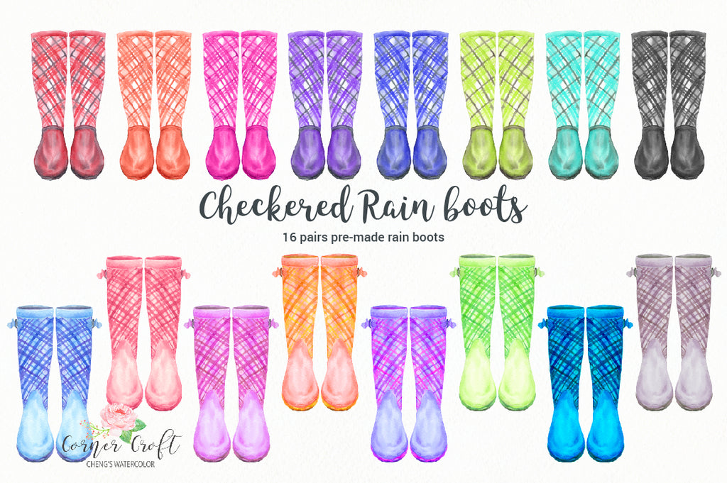 a collection of watercolor checkered wellies in blue, pink, red, purple, yellow, green for instant download, digital files