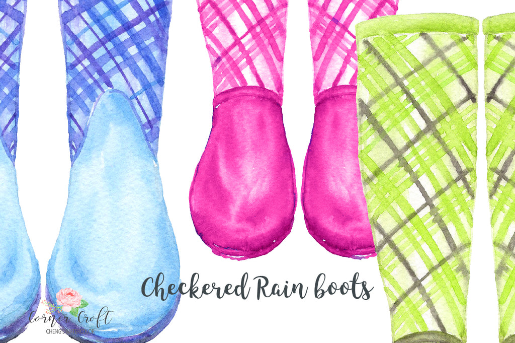 watercolour wellies, check rain boots, tartan wellies, watercolor rain boots. 