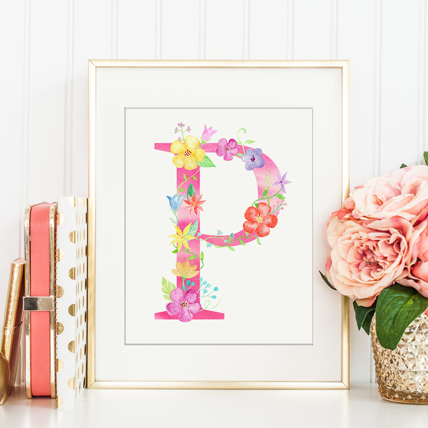 watecolor floral letter p, pink letter p, capital letter p, instant download 