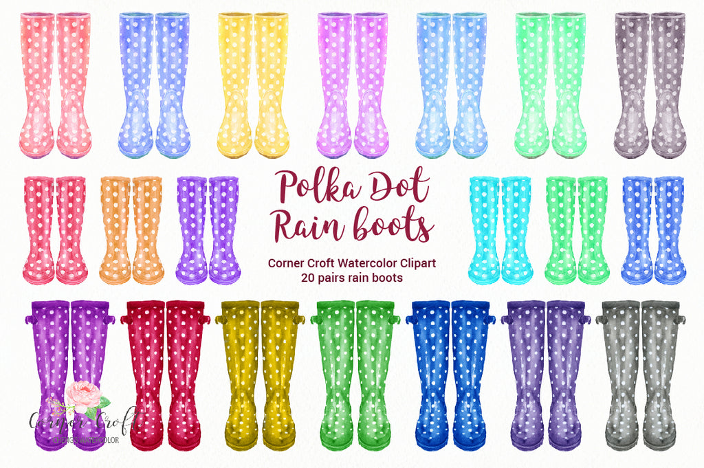 Watercolor polka dot rain boots, watercolor wellies, watercolour wellies, polka dot boots, watercolor clipart