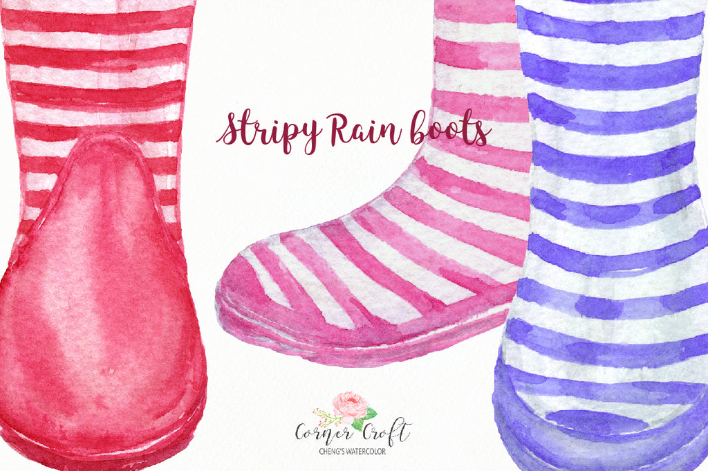 watercolor clipart stripy rain boots, stripy wellies, my family print