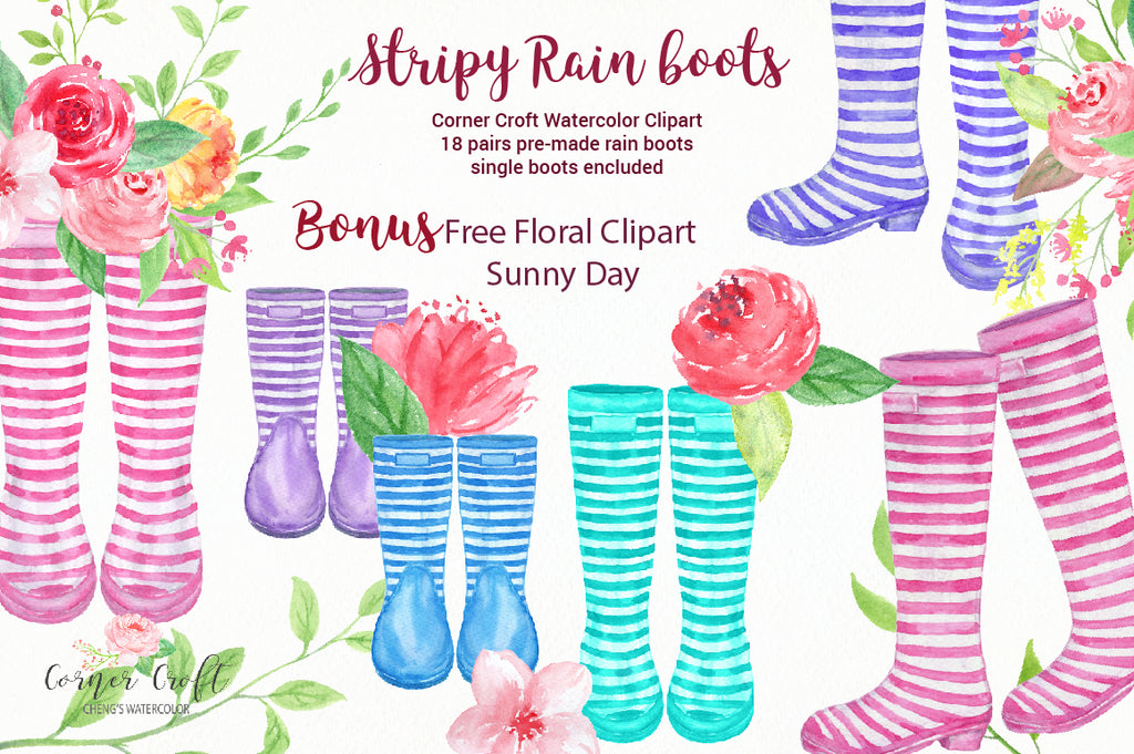 Watercolor stripy rain boots, stripe wellies, watercolor welly clipart