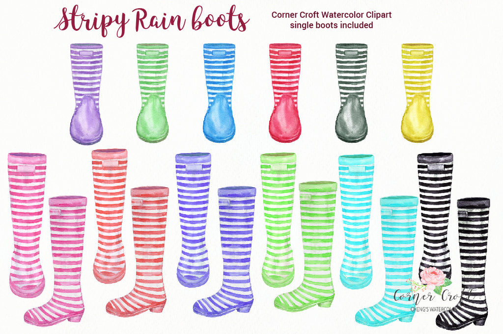 Rain boots illustration, watercolor stripe wellies, stripe wellington boots, 