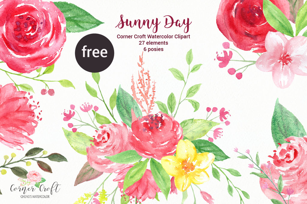 free clipart of red, pink and yellow flowers, watercolor clipart of checkered wellies.