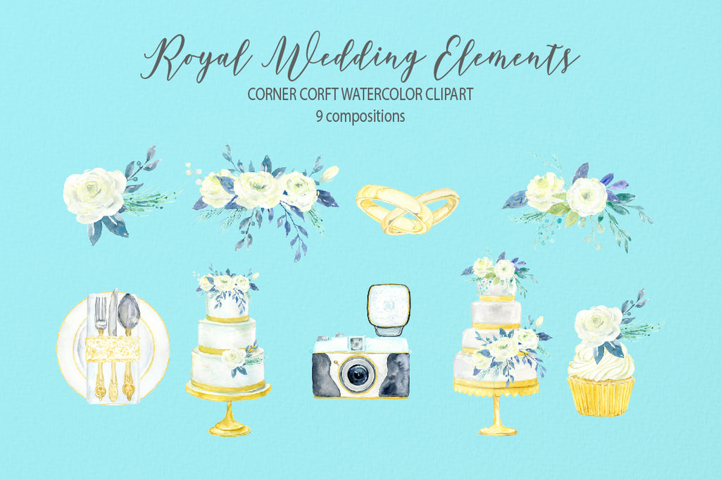 watercolor wedding element, wedding cake, ice cake, cupcake, vintage camera 