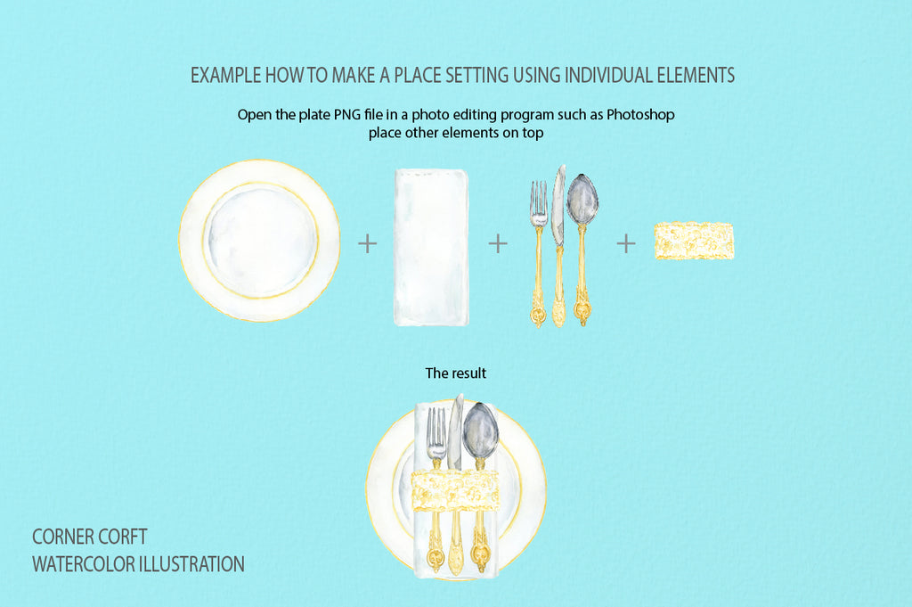 watercolor wedding serving place set, white and gold, instant download 
