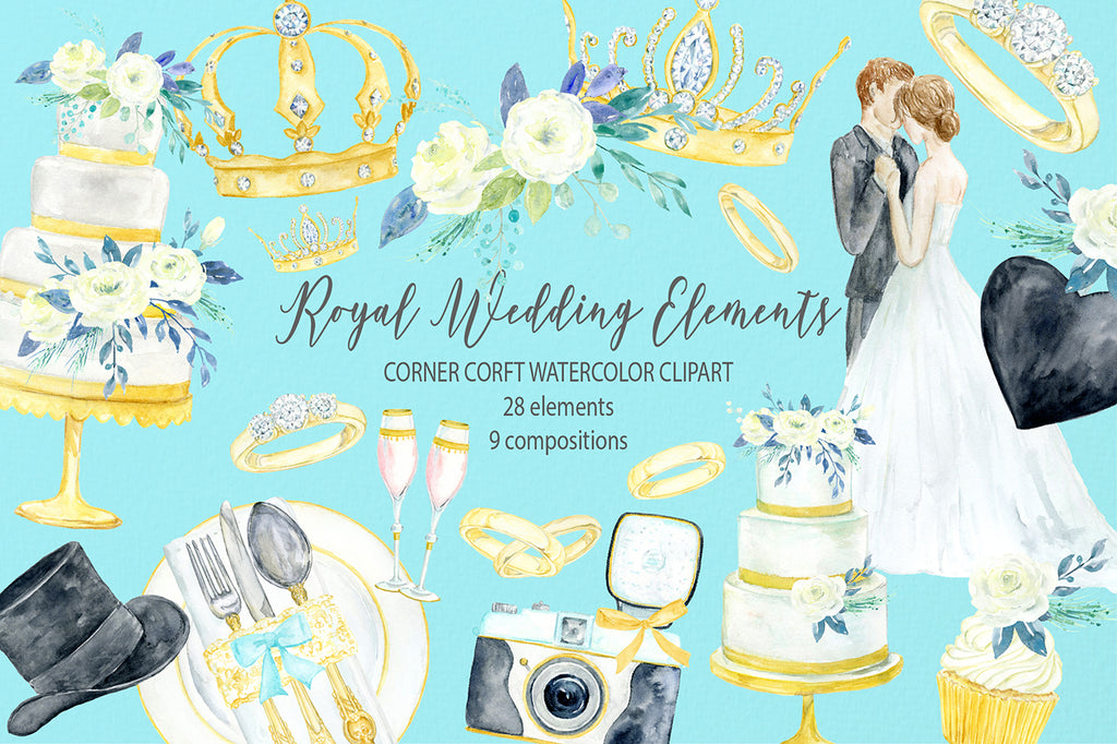 Watercolor royal wedding elements, wedding icon, royalty wedding illustration 