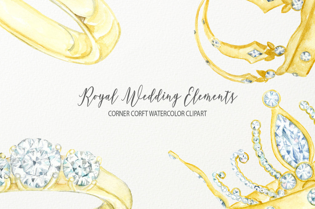 watercolor crown, diamond tiara, wedding ring, engagement ring, detailed illustration 