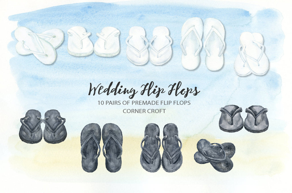 black sandals, white sandals, mrs and mrs, flip flops illustration, detailed drawing