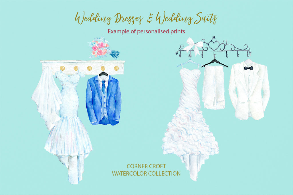 wedding outfit illustration, bride dress, groom suit, wedding print