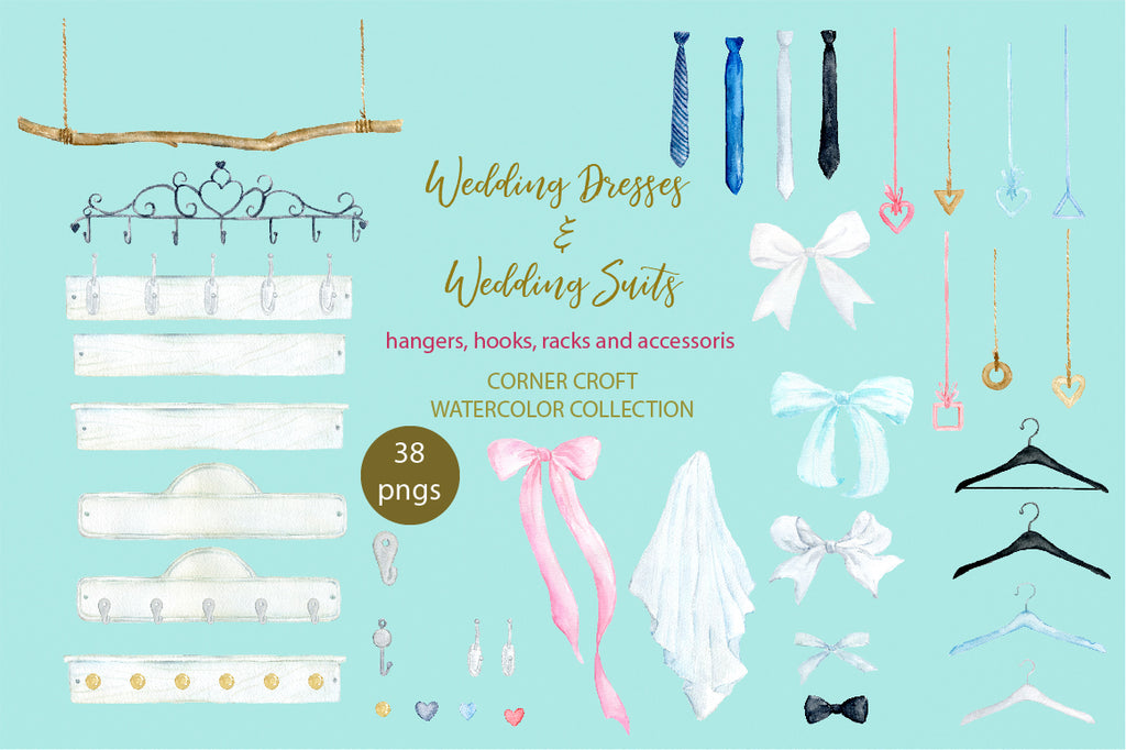 watercolor clipart, wedding hangers, bow, hanger