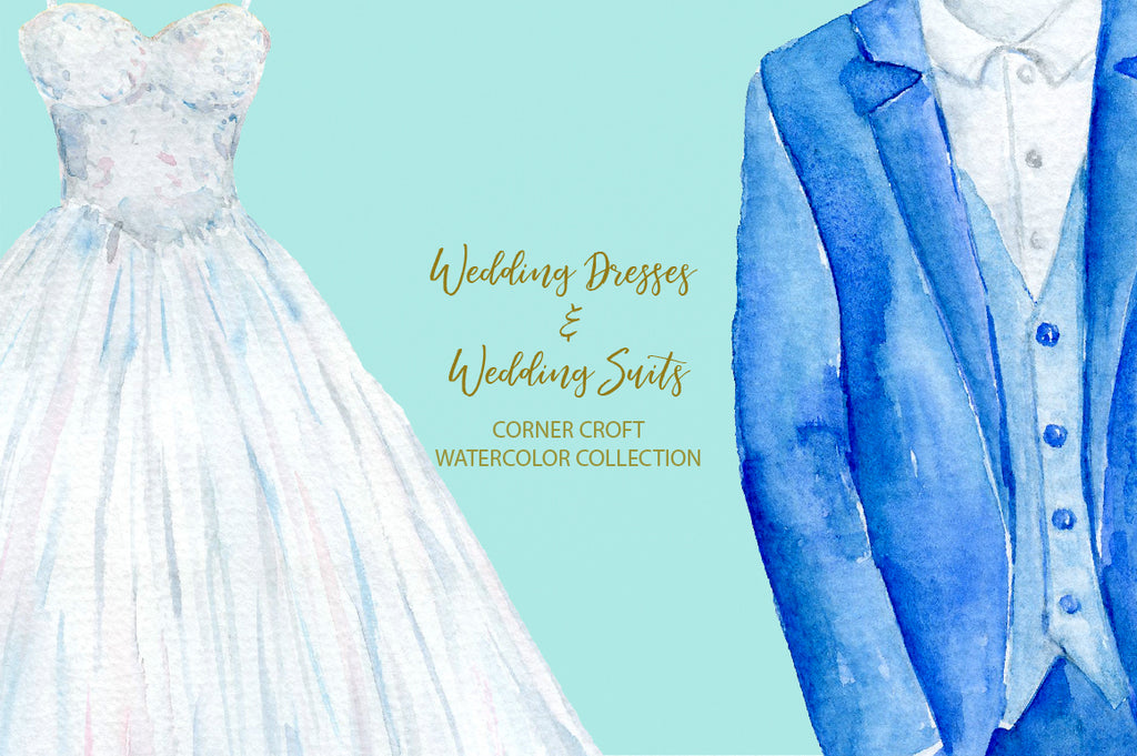 Watercolor wedding dress and wedding suit, hangers, mannequin, clothes rack, wedding outfit clipart