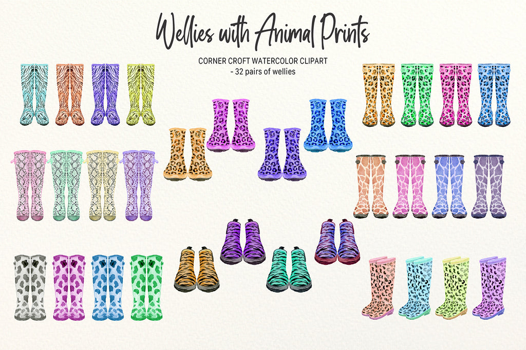 watercolour wellies illustration with animal prints pattern digital download 