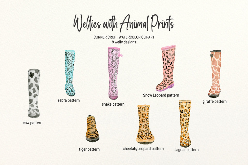watercolour rain boots illustration with animal print pattern
