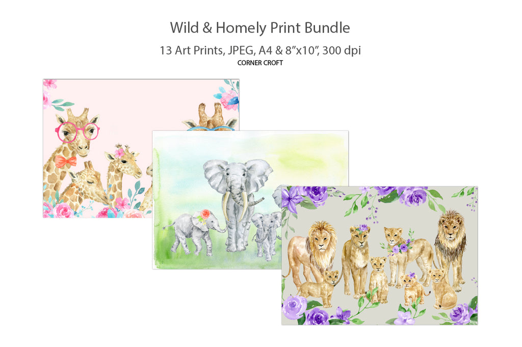 animal prints, elephant family, giraffe family and lion family illustration digital donwload