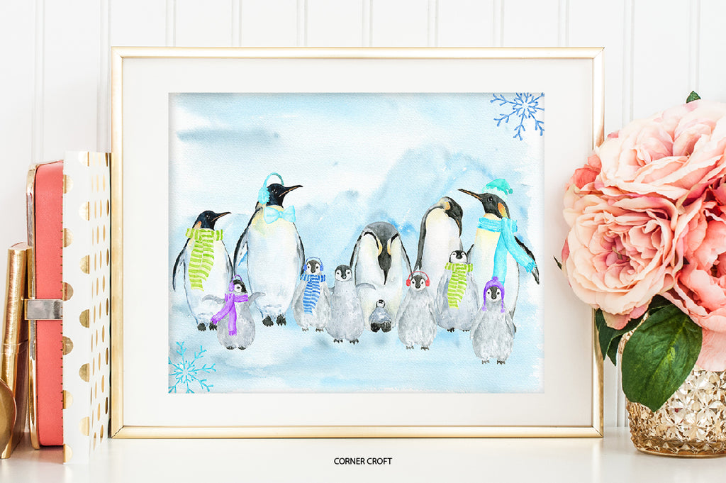 Watercolor Penguin family print instant download 