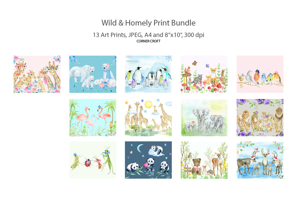 Watercolour Animal Family print bundle digital download, 13 prints, A4, 10"x8"