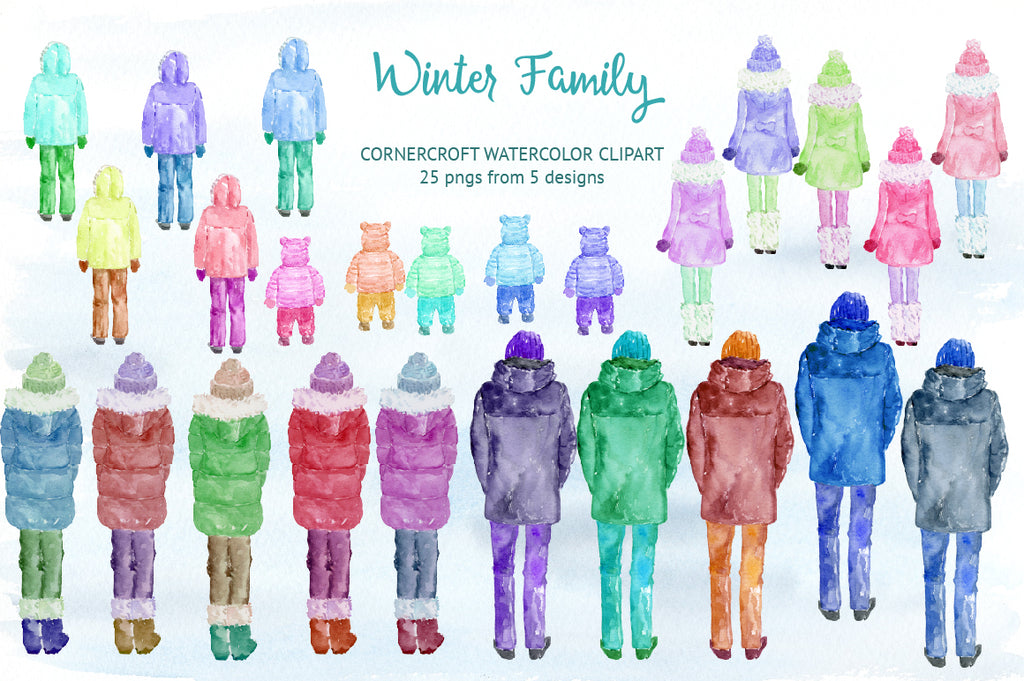 watercolor figures illustration, winter family clipart