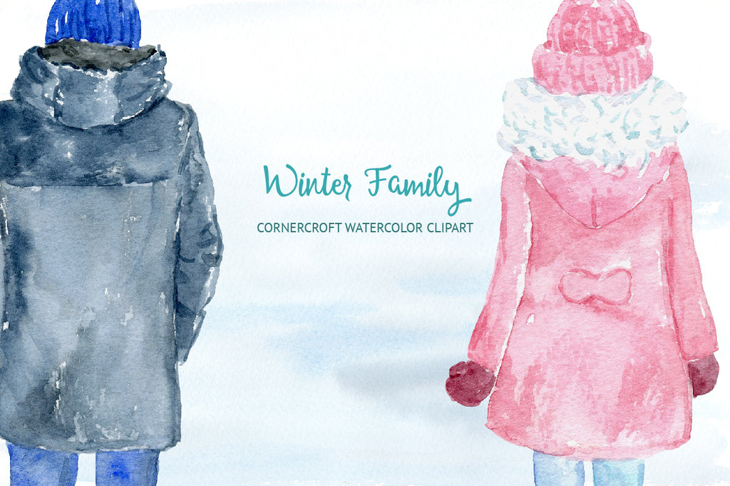 watercolor clipart of mum, dad, boy, girl and baby, winter coats, instant download