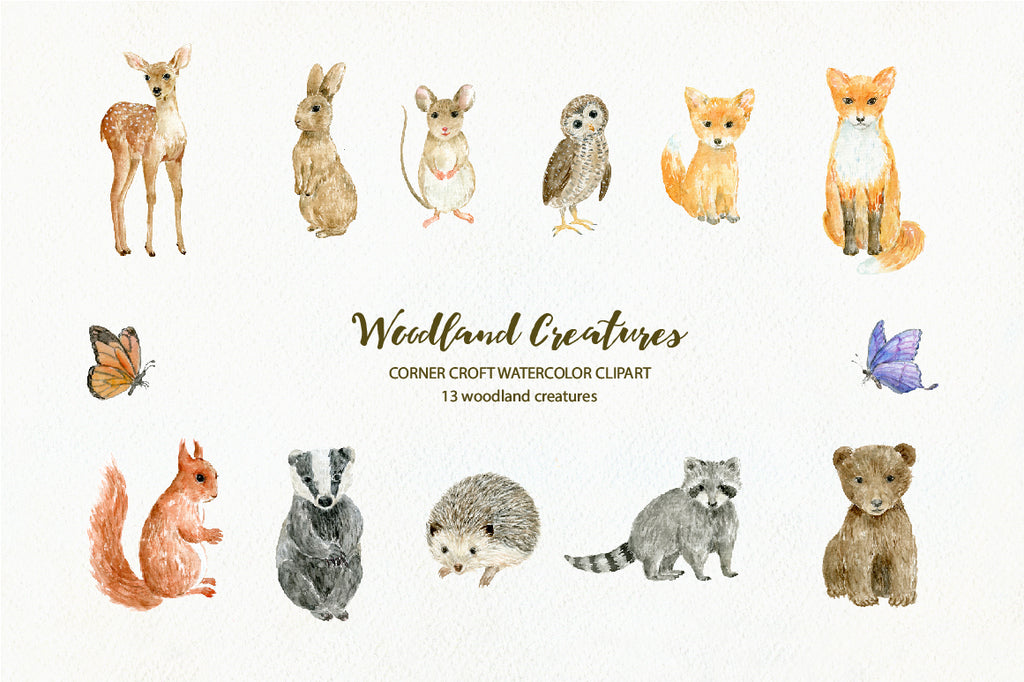 watercolor illustration of woodland animals,  bird and insects including fox mum and fox baby, bear, deer, mouse, red squirrel, badger, hedgehog, rabbit, raccoon, owl and butterflies